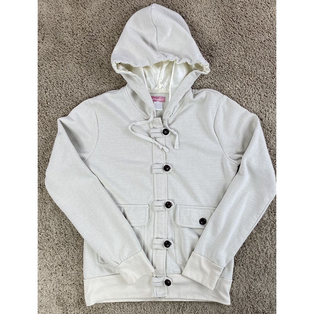 O'neill Jacket -Button Zip Hooded Coat Womens Size L ‎ Tan Beige Fleece Lined